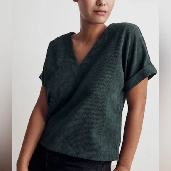 Madewell Corduroy V-Neck Top Shirt Button Down Back - Dark Green - Picture 4 of 10